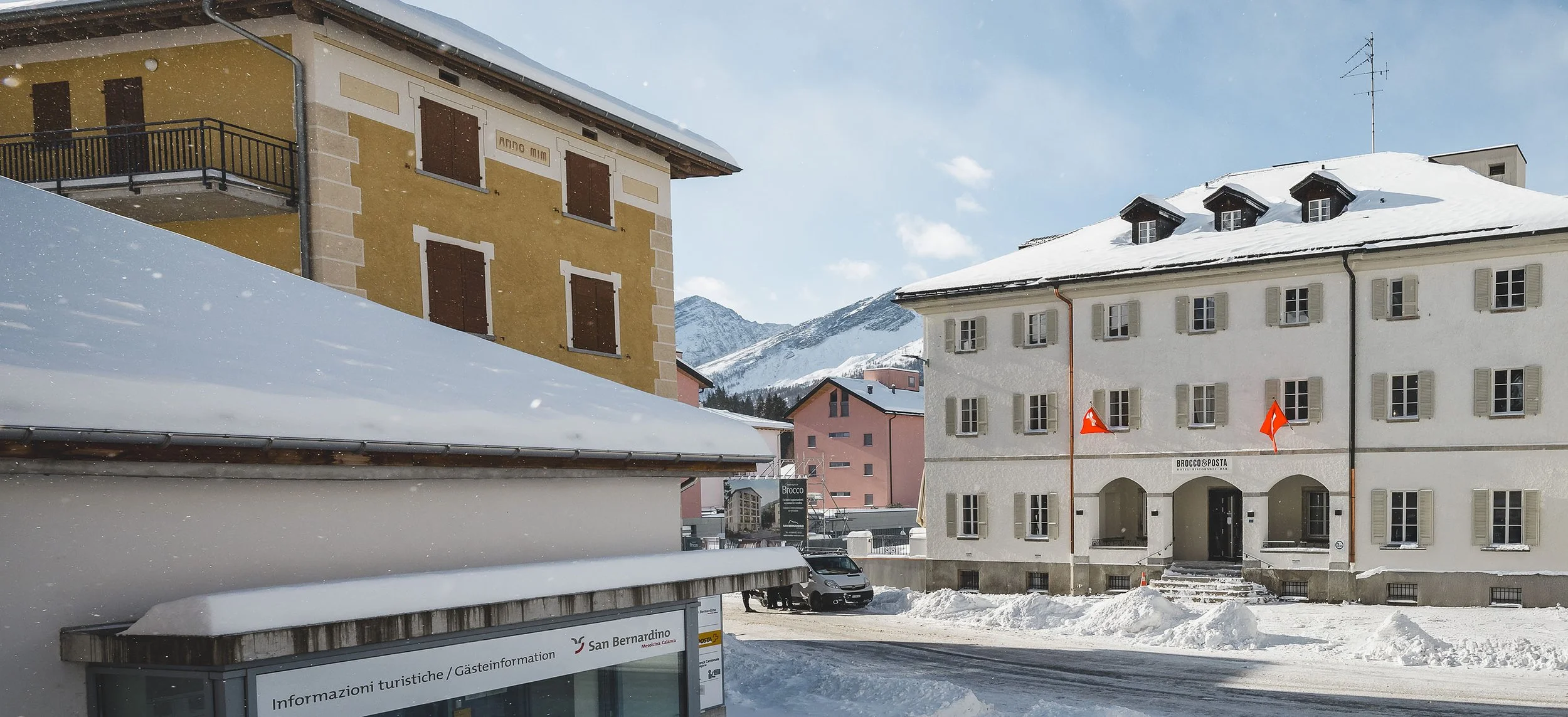 Hotel Brocco e Posta in the village of San Bernardino in winter