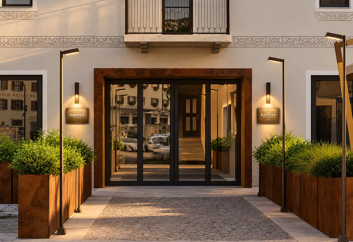 Rendering del progetto: l'ingresso dell'Hotel Ravizza la sera